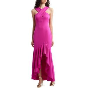 Eliza J Womens Crossover-Neck Sleeveless Ruffle-Trim Gown 4 Hot Pink - NWT $188